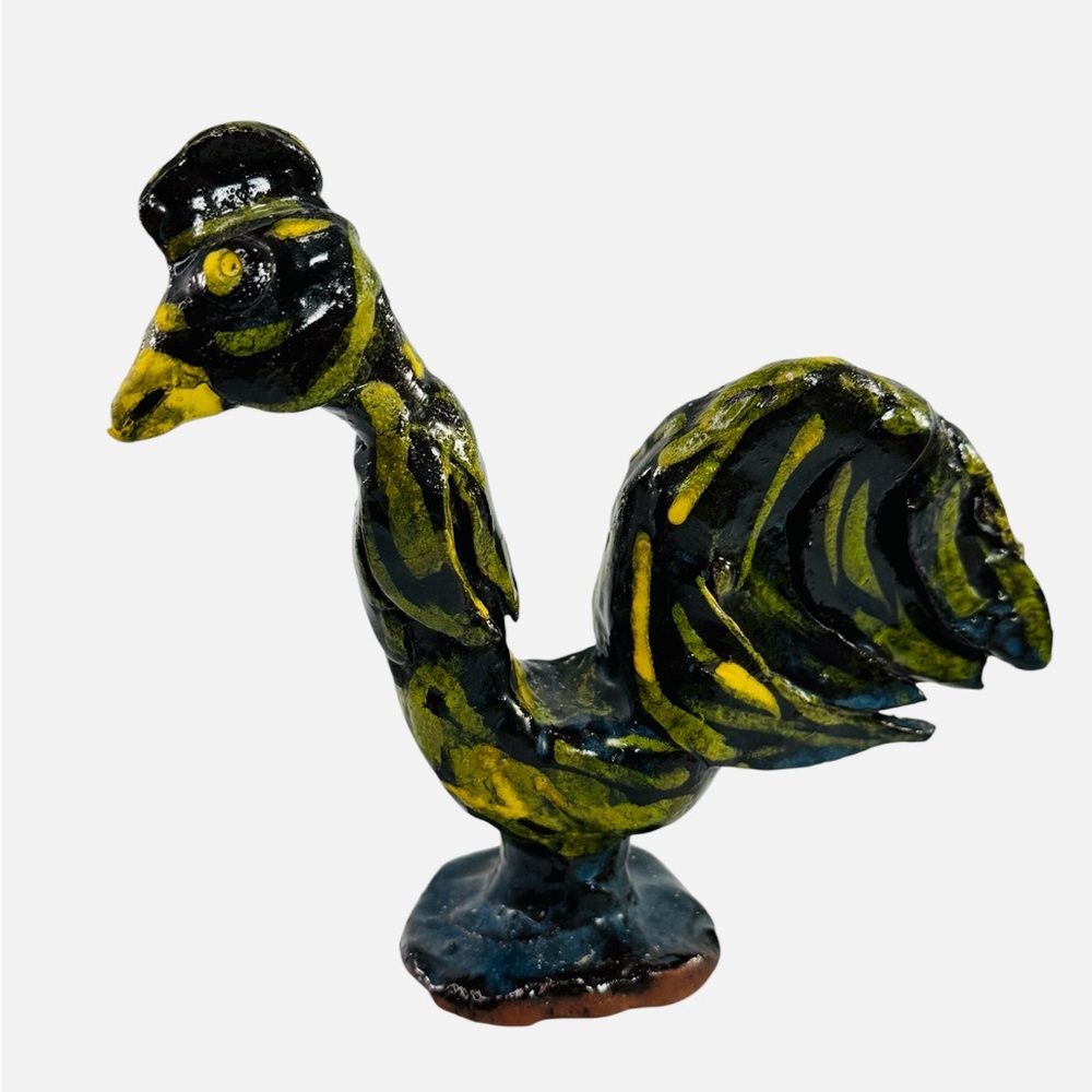 Vintage Mary Ferguson Pottery Folk Art Chicken Rooster Farmhouse Figurine Green